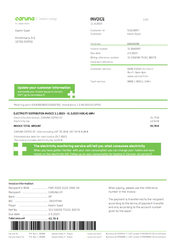 FINLAND CARUNA utility bill Word and PDF template